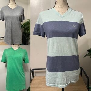 3 American Eagle Outfitters V-Neck Tees in Gray, Green, and Blue striped